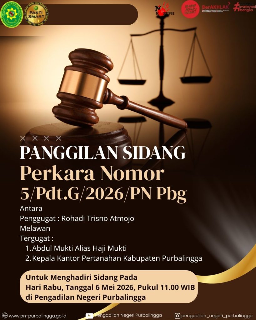 Panggilan Sidang Perdata Gugatan Nomor 5/Pdt.G/2026/PN Pbg kepada tergugat Abdul Mukti Alias Haji Mukti