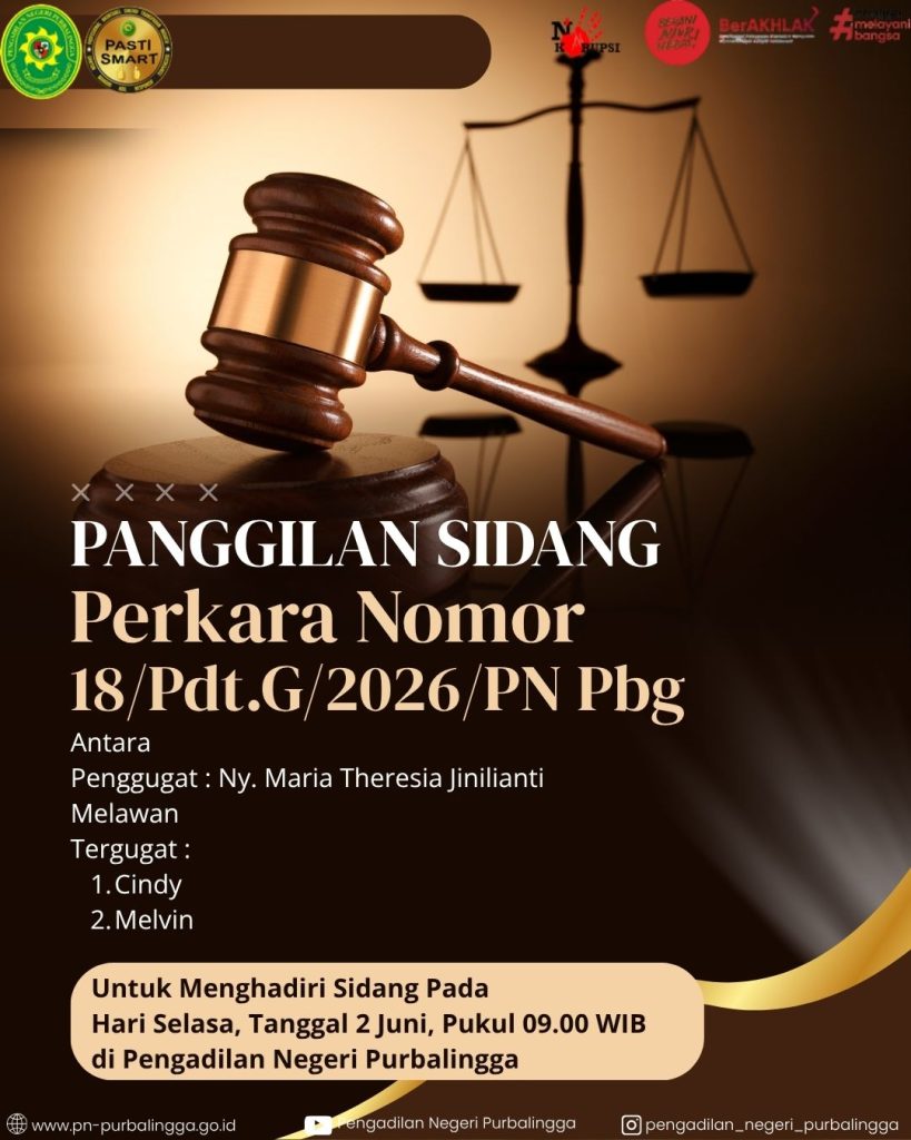 Panggilan Sidang Perdata Gugatan Nomor 18/Pdt.G/2026/PN Pbg kepada tergugat Cindy dan Melvin