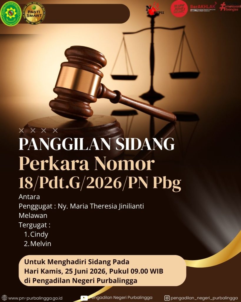 Panggilan Sidang Perdata Gugatan Nomor 18/Pdt.G/2026/PN Pbg kepada tergugat Cindy dan Melvin (02/06/2026)