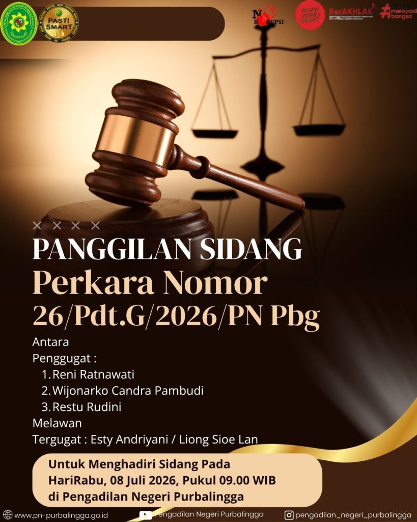Panggilan Sidang Perdata Gugatan Nomor 26/Pdt.G/2026/PN Pbg (18/06/2026)