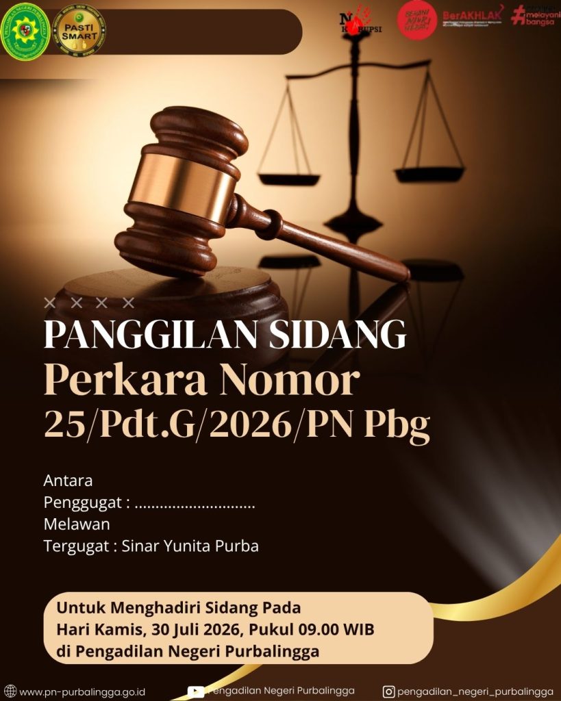 Panggilan Sidang Perdata Gugatan Nomor 25/Pdt.G/2026/PN Pbg kepada tergugat Sinar Yunita Putra (30/06/2026)